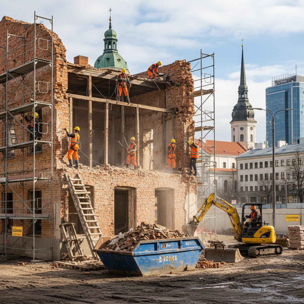 Statybų griovimas Vilniuje su darbuotojų komanda