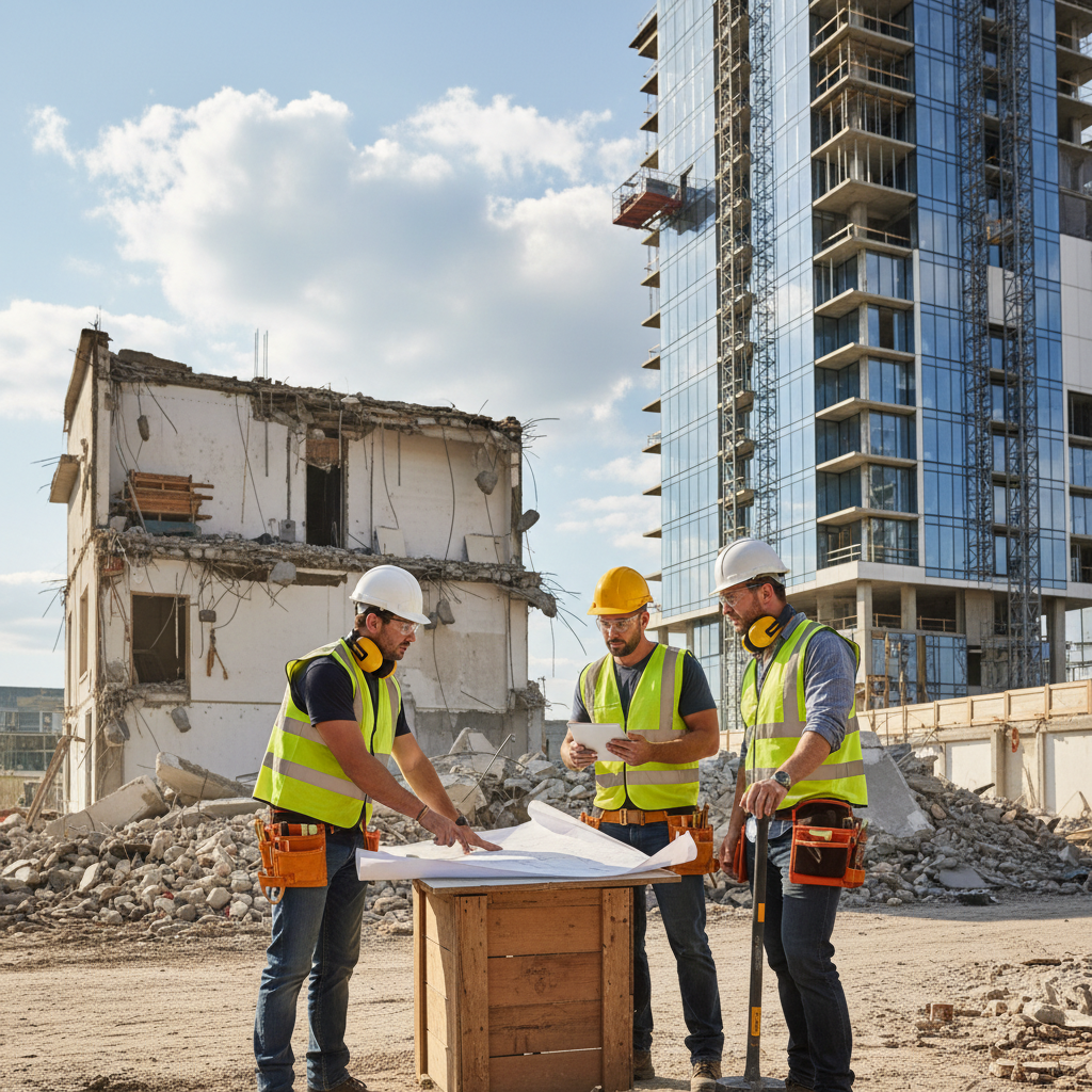 Darbuotojai aptaria namo griovimo planus su brėžiniais
