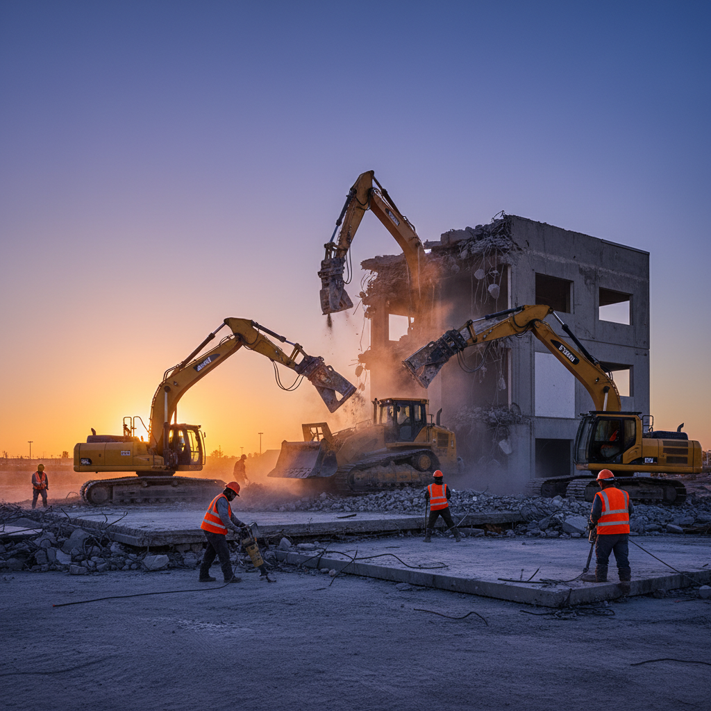 Betono konstrukcijų griovimas statybvietėje su sunkia technika