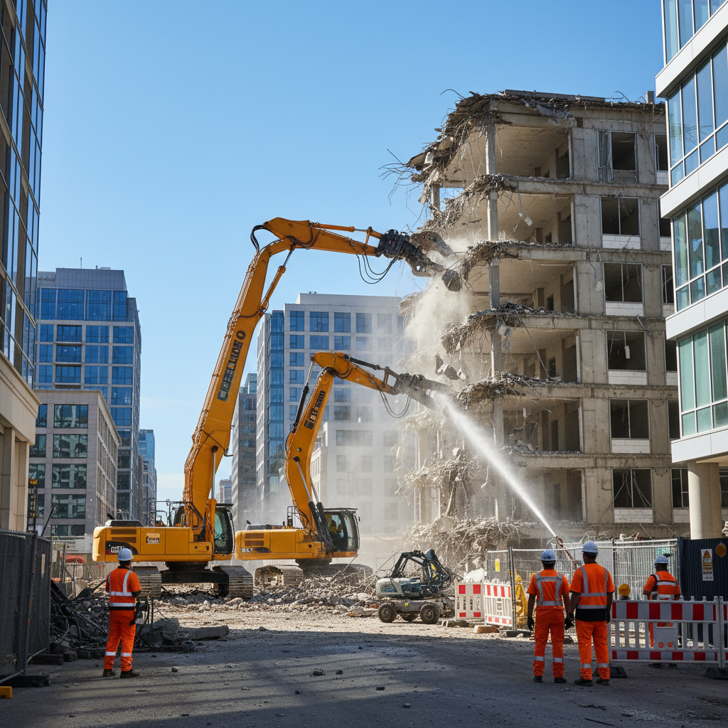 Statinių griovimas statybvietėje su sunkia technika