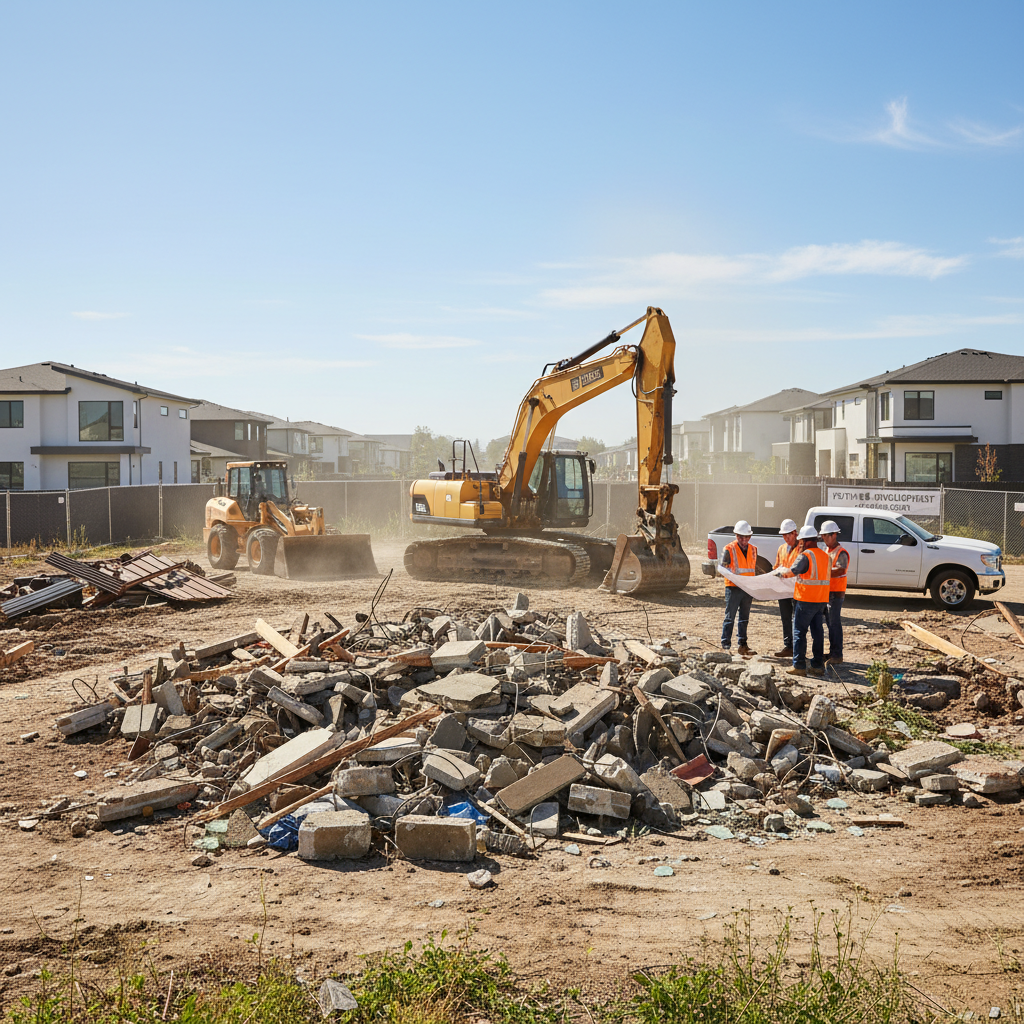 Namo griovimo procesas su statybine technika ir darbuotojais lauke