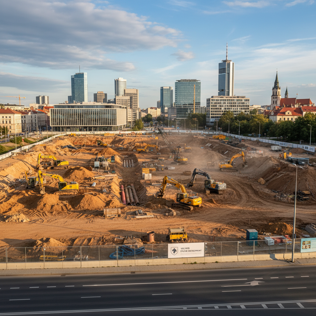 Kasimo darbai Vilniuje su modernia technika ir miesto panoramau fone